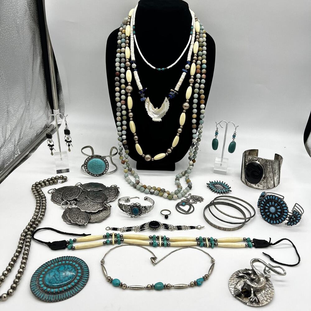 Vintage Estate Jewelry Lot Southwest Inspired Turquoise Tone Silver Tone & More
